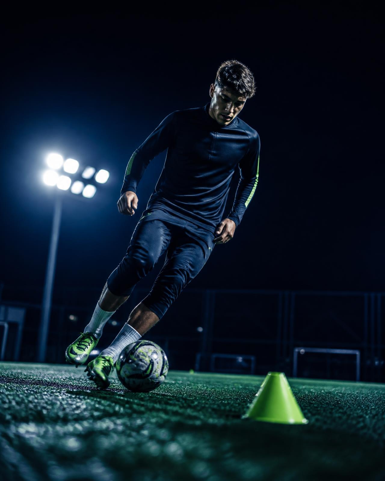 Joueur de football à l'entraînement technique sur un terrain éclairé